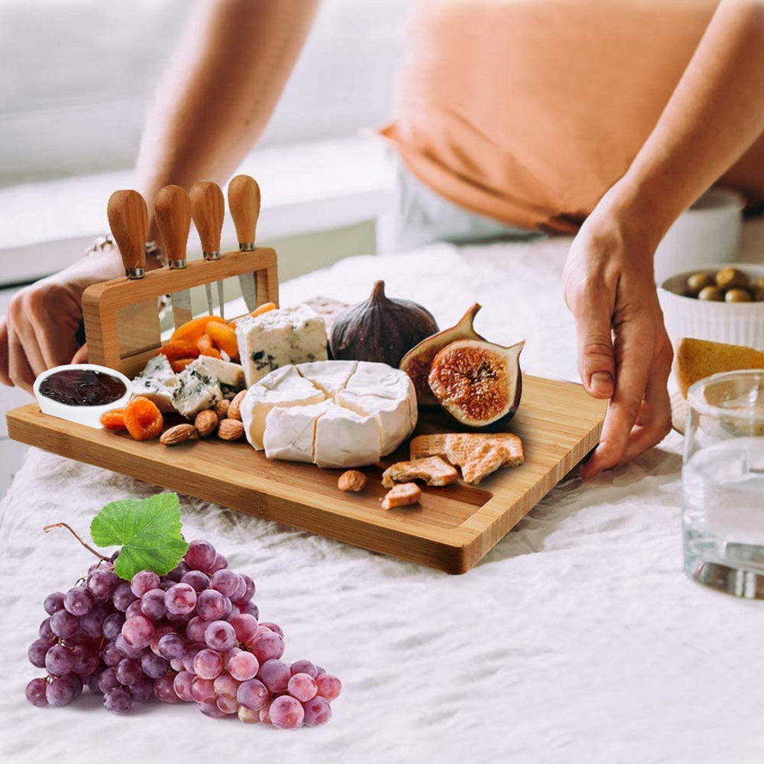 Bamboo Cheese Board Charcuterie Cheese Platter Board Serving Tray with Cutlery Set for Wedding Birthdays Christmas Image 8