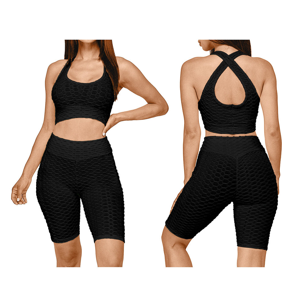 Womens Anti Cellulite Sports Bra and High Waisted Biker Shorts Workout Yoga Set Image 4