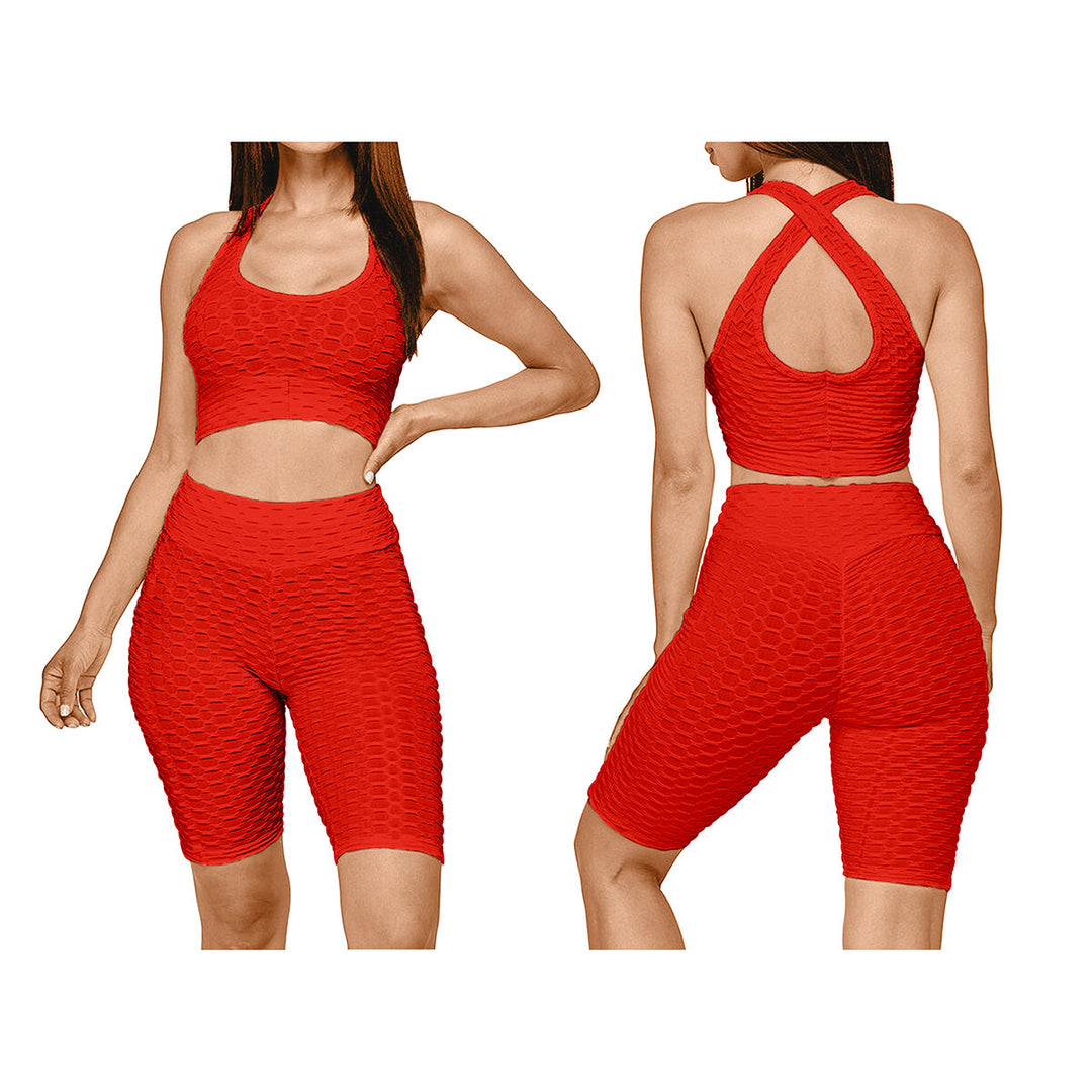 Womens Anti Cellulite Sports Bra and High Waisted Biker Shorts Workout Yoga Set Image 4