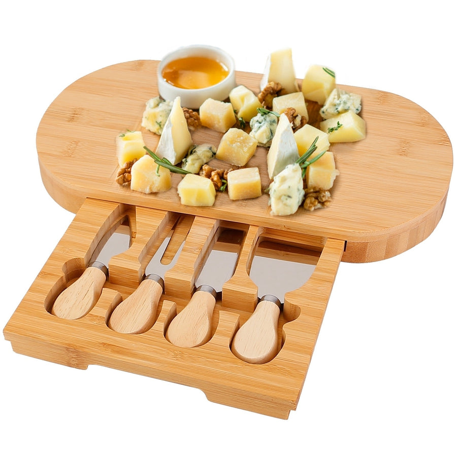 Oval Bamboo Cheese Board Knife Set Wooden Cheese Serving Platter Tray with 4 Stainless Steel Knives Image 1