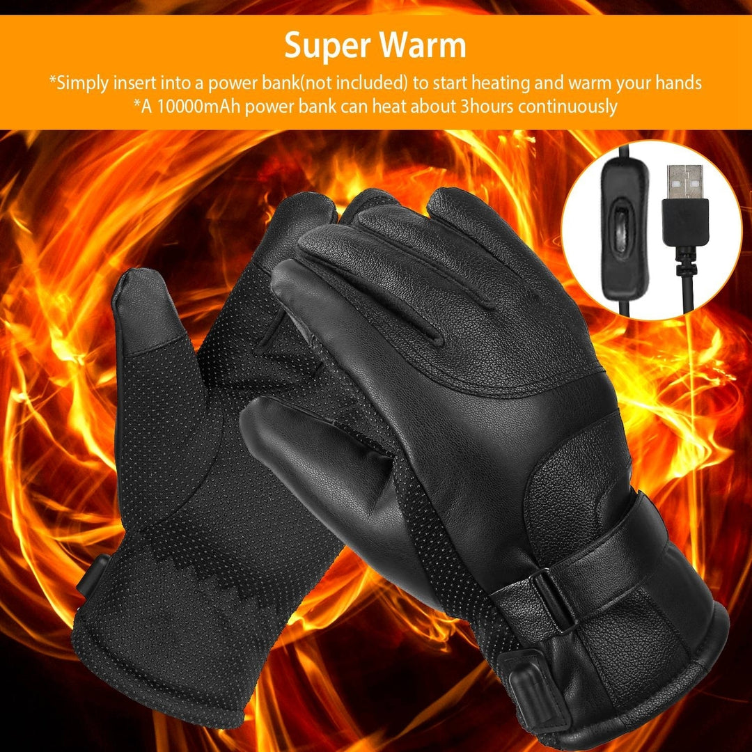 Electric Heated Gloves Touchscreen Leather Windproof USB Black Winter Warmers Image 4