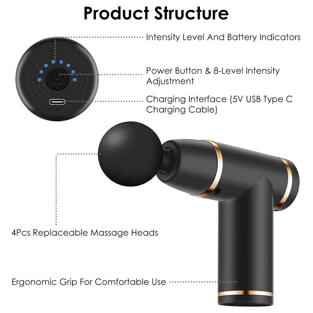 Handheld Percussion Massage Gun USB Type C Rechargeable Deep Tissue Vibration Massager with 4 Interchangeable Heads 8 Image 2