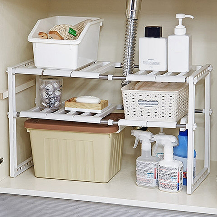 2 Tier Under Sink Organizer Retractable Kitchenware Rack Holders Space Saving Storage Shelf 22LBS Max Load Image 7