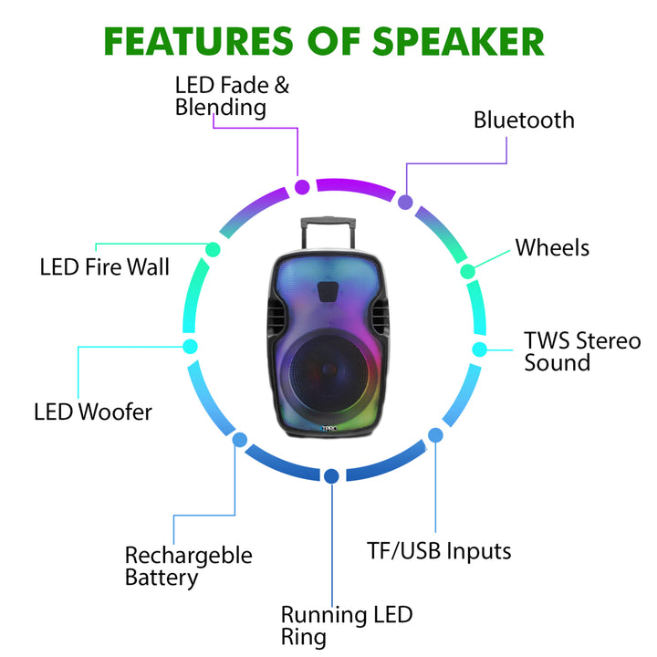 Technical Pro 2000W Rechargeable 15 Inch Two way Bluetooth Loudspeaker with SD USB 1/4 Microphone InputsLED Visual Image 4