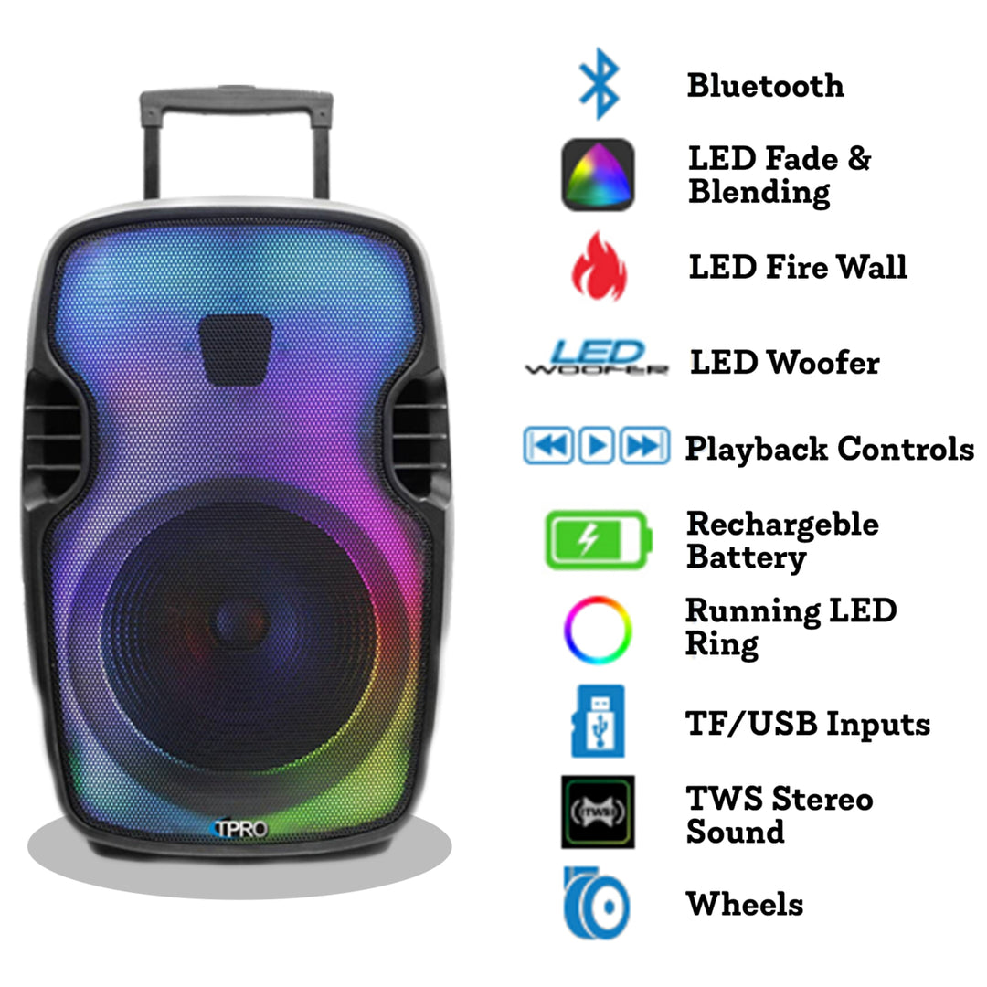Technical Pro 2000W Rechargeable 15 Inch Two way Bluetooth Loudspeaker with SD USB 1/4 Microphone InputsLED Visual Image 4
