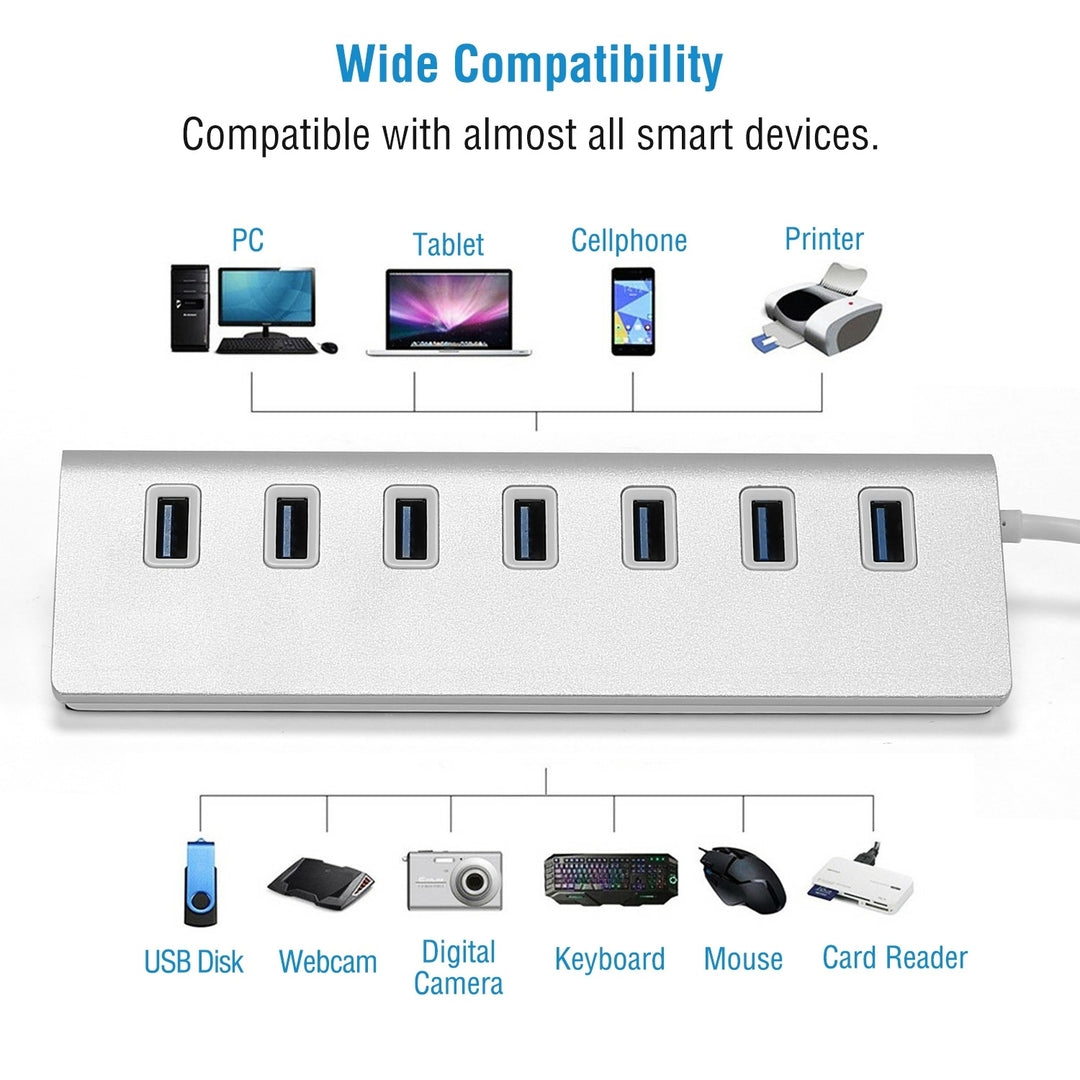 7Port USB 3.0 Hub Portable Super Speed USB Data Hub with 1ft USB 3.0 Cable for Windows Linux Mac Devices Image 3
