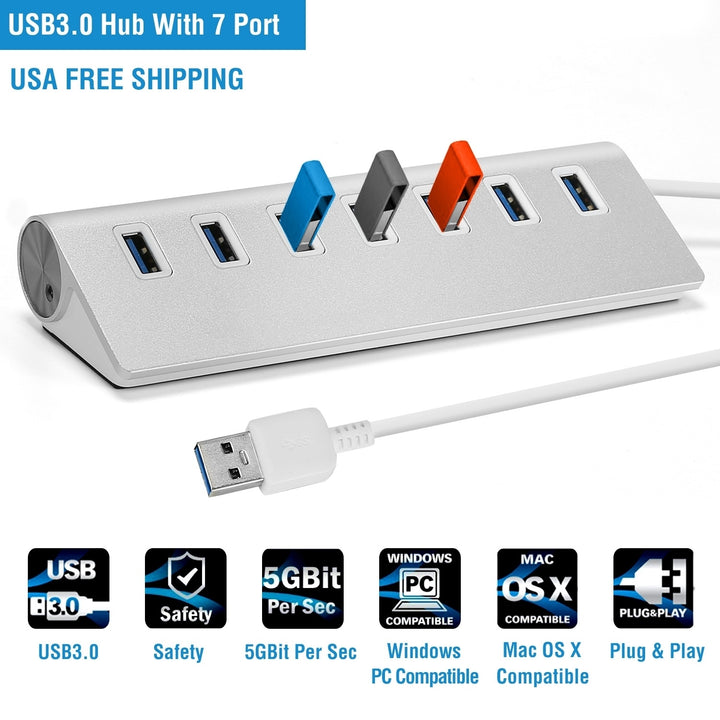 7Port USB 3.0 Hub Portable Super Speed USB Data Hub with 1ft USB 3.0 Cable for Windows Linux Mac Devices Image 4