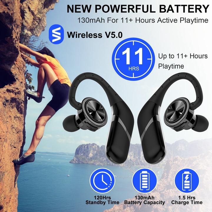 True Wireless Earbuds V5.0 Waterproof Stereo Earphones Deep Bass 11H Playtime Black Image 2