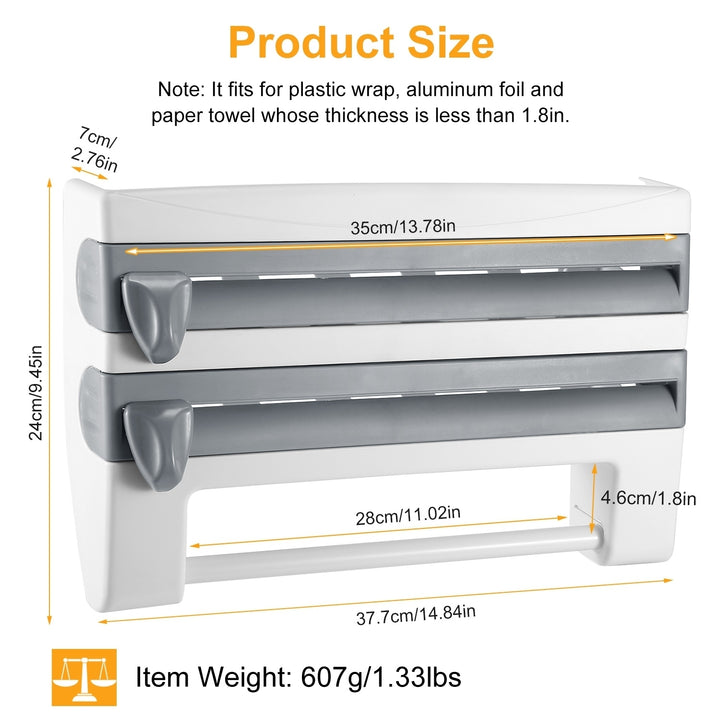 Kitchen Roll Dispenser Paper Roll Holder Plastic Wrap Film Foil Paper Organizer with Cutter Image 2