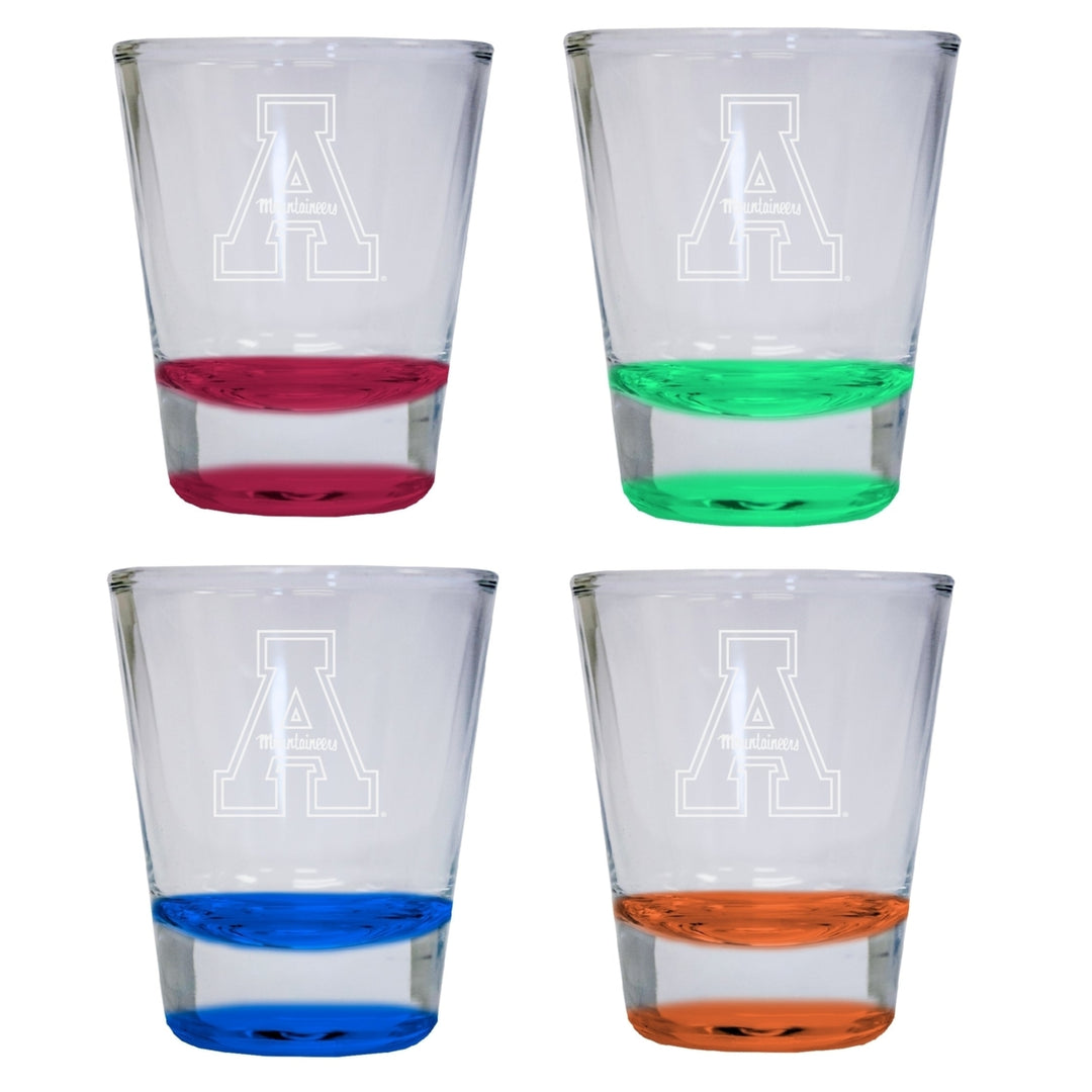 NCAA Appalachian State Collectors 2oz Laser-Engraved Spirit Shot Glass Red Orange Blue and Green 4-Pack Image 1