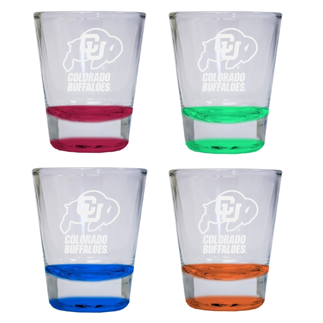 NCAA Colorado Buffaloes Collectors 2oz Laser-Engraved Spirit Shot Glass Red Orange Blue and Green 4-Pack Image 1