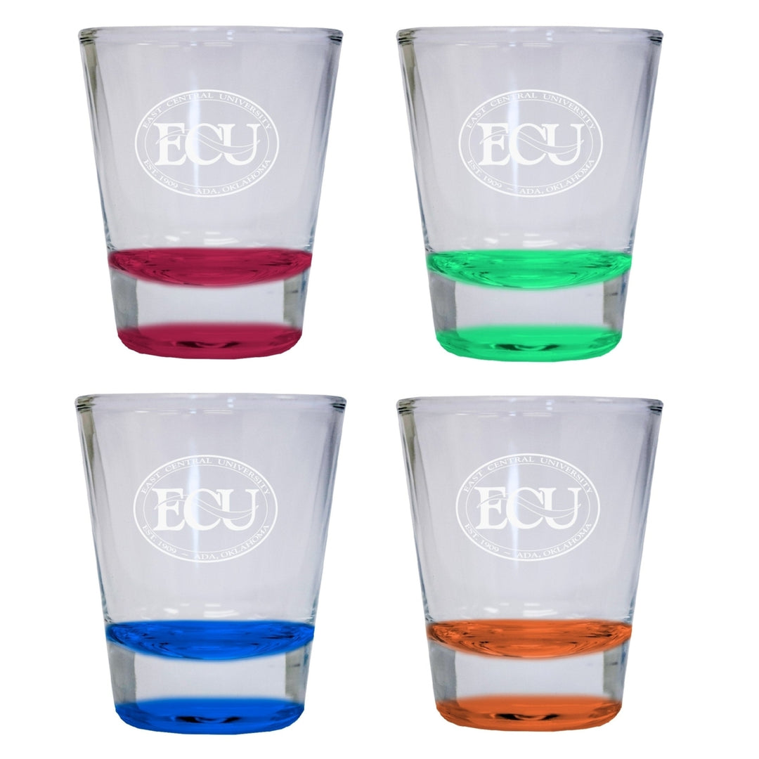 NCAA East Central University Tigers Collectors 2oz Laser-Engraved Spirit Shot Glass Red Orange Blue and Green 4-Pack Image 1