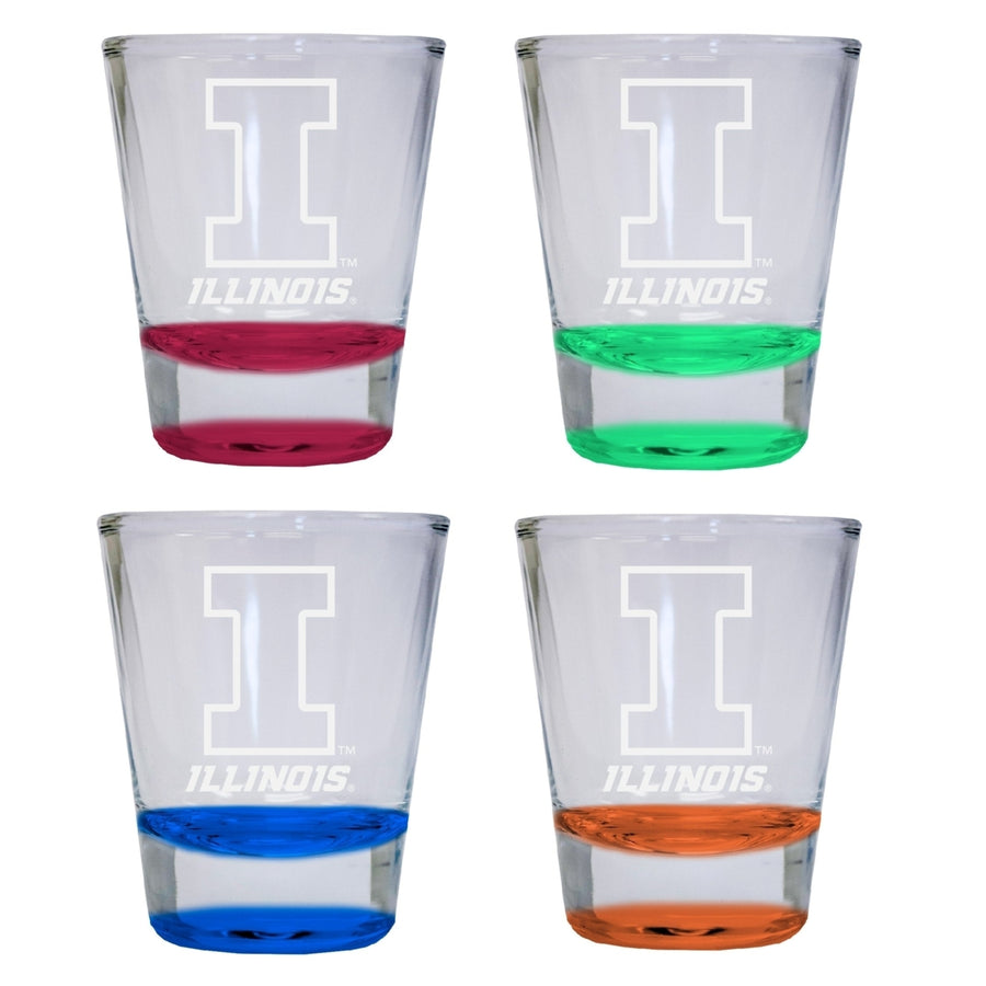 NCAA Illinois Fighting Illini Collectors 2oz Laser-Engraved Spirit Shot Glass Red Orange Blue and Green 4-Pack Image 1