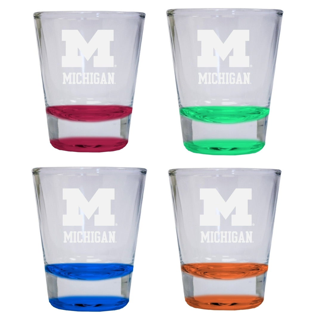 NCAA Michigan Wolverines Collectors 2oz Laser-Engraved Spirit Shot Glass Red Orange Blue and Green 4-Pack Image 1