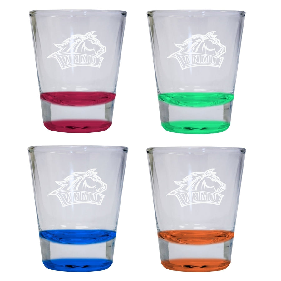 NCAA Western Mexico University Collectors 2oz Laser-Engraved Spirit Shot Glass Red Orange Blue and Green 4-Pack Image 1