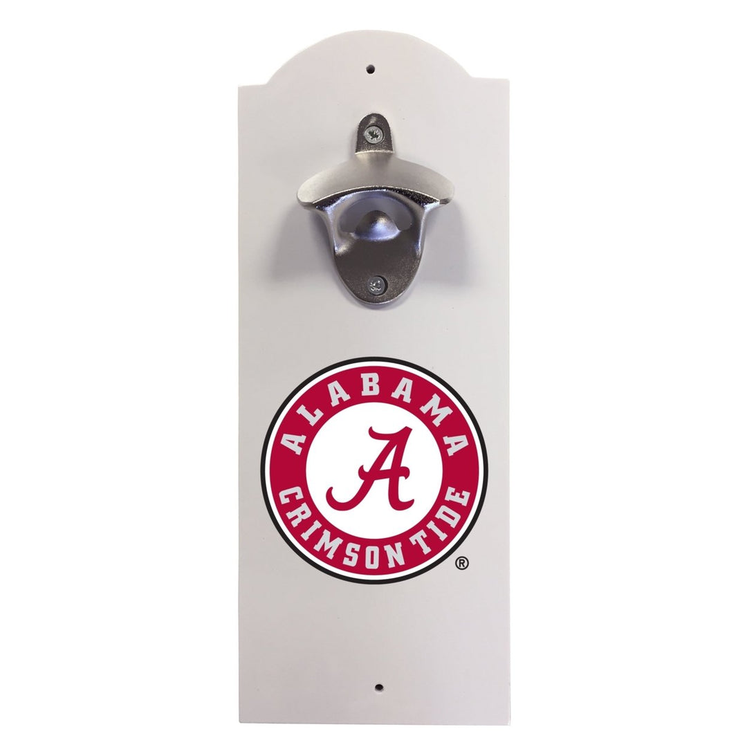 Alabama Crimson Tide Wall-Mounted Bottle Opener  Sturdy Metal with Decorative Wood Base for Home Bars Rec Rooms and Fan Image 1