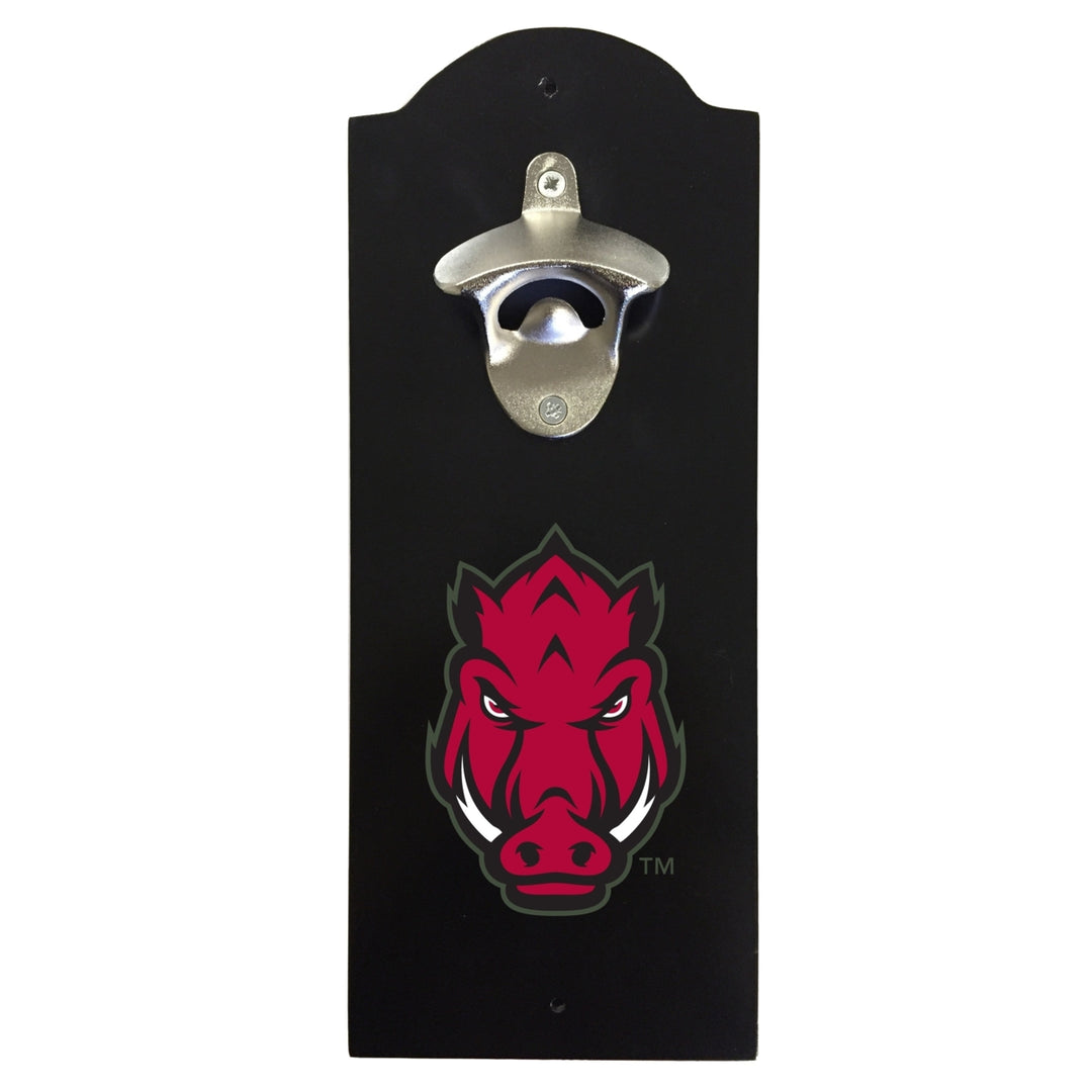 Arkansas Razorbacks Wall-Mounted Bottle Opener  Sturdy Metal with Decorative Wood Base for Home Bars Rec Rooms and Fan Image 1