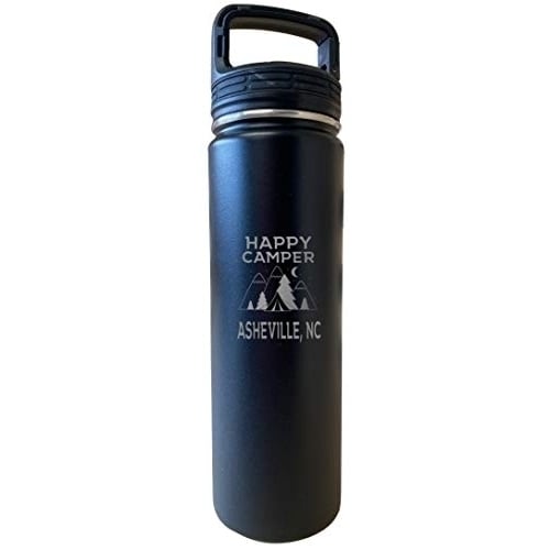 Asheville North Carolina Happy Camper 32 Oz Engraved Black Insulated Double Wall Stainless Steel Water Bottle Tumbler Image 1