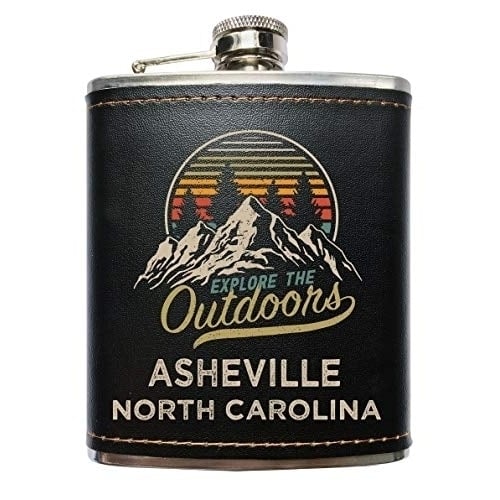 Asheville North Carolina Explore the Outdoors Souvenir Black Leather Wrapped Stainless Steel 7 oz Flask Image 1