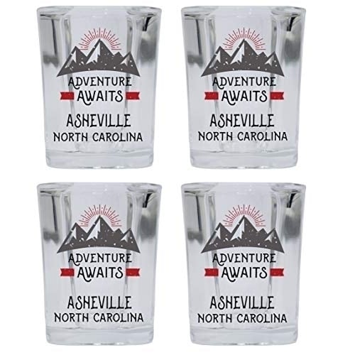 Asheville North Carolina Souvenir 2 Ounce Square Base Liquor Shot Glass Adventure Awaits Design 4-Pack Image 1