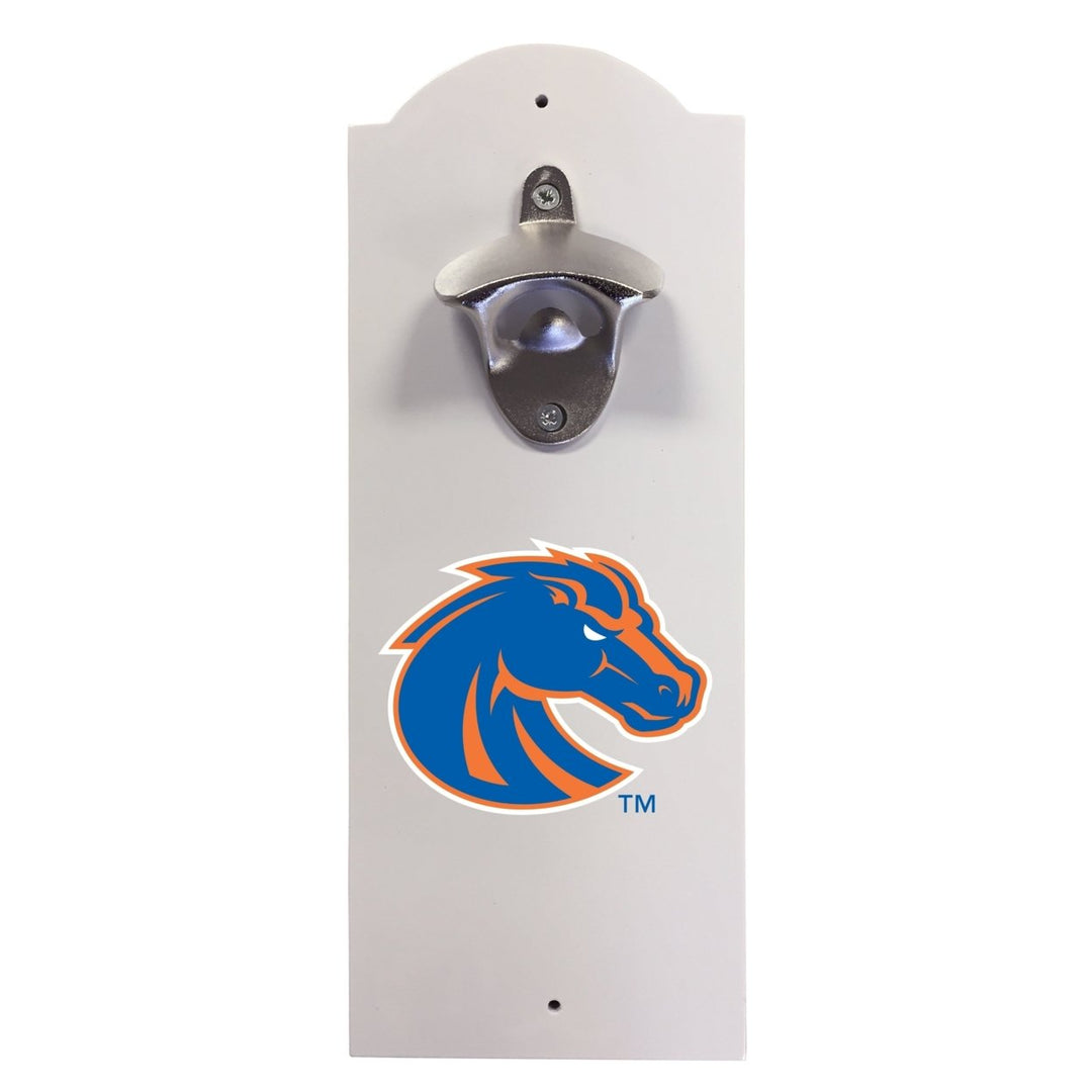 Boise State Broncos Wall-Mounted Bottle Opener  Sturdy Metal with Decorative Wood Base for Home Bars Rec Rooms and Fan Image 1