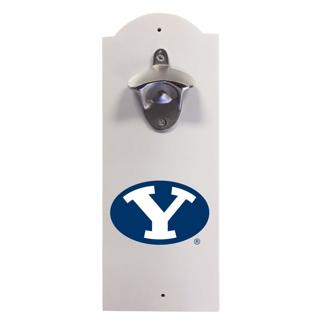 Brigham Young Cougars Wall-Mounted Bottle Opener  Sturdy Metal with Decorative Wood Base for Home Bars Rec Rooms and Image 1