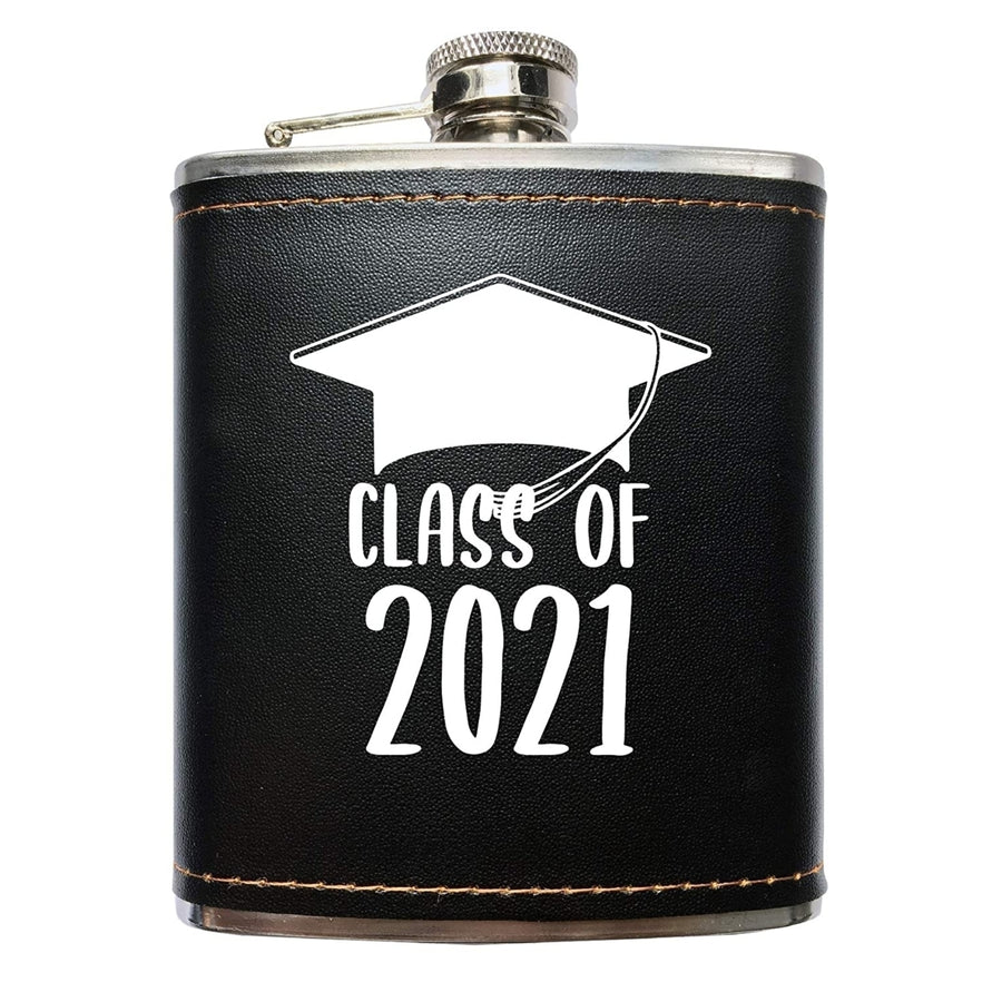 Class of 2021 Grad Black Leather Wrapped Flask Image 1