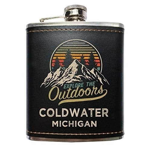 Cold Water Michigan Black Leather Wrapped Flask Image 1