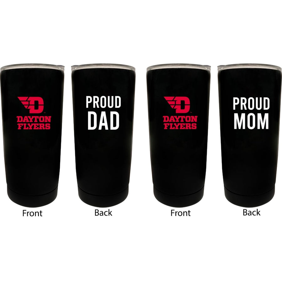 Dayton Flyers Proud Mom and Dad 16 oz Insulated Stainless Steel Tumblers 2 Pack Black. Image 1