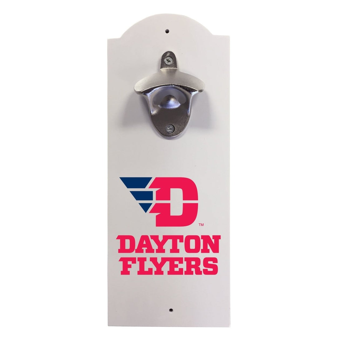 Dayton Flyers Wall-Mounted Bottle Opener  Sturdy Metal with Decorative Wood Base for Home Bars Rec Rooms and Fan Caves Image 1