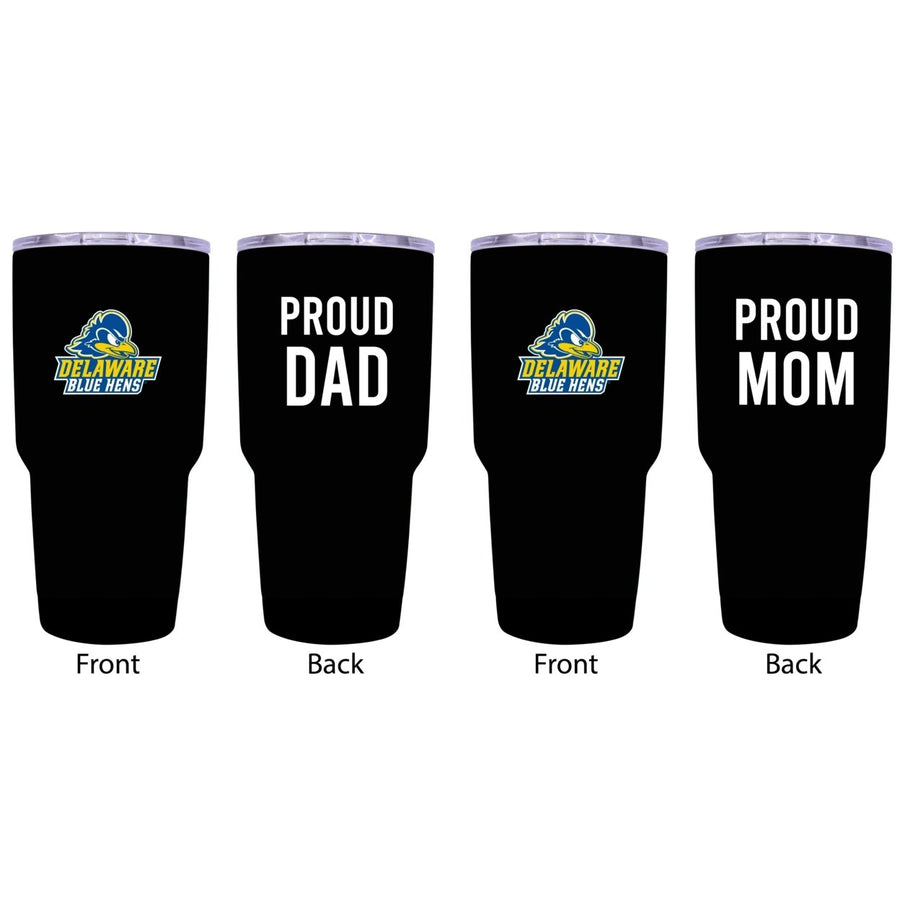 Delaware Blue Hens Proud Mom and Dad 24 oz Insulated Stainless Steel Tumblers 2 Pack Black. Image 1