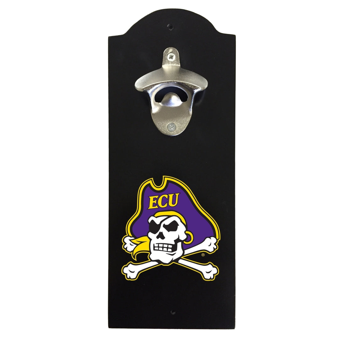 East Carolina Pirates Wall-Mounted Bottle Opener  Sturdy Metal with Decorative Wood Base for Home Bars Rec Rooms and Image 1