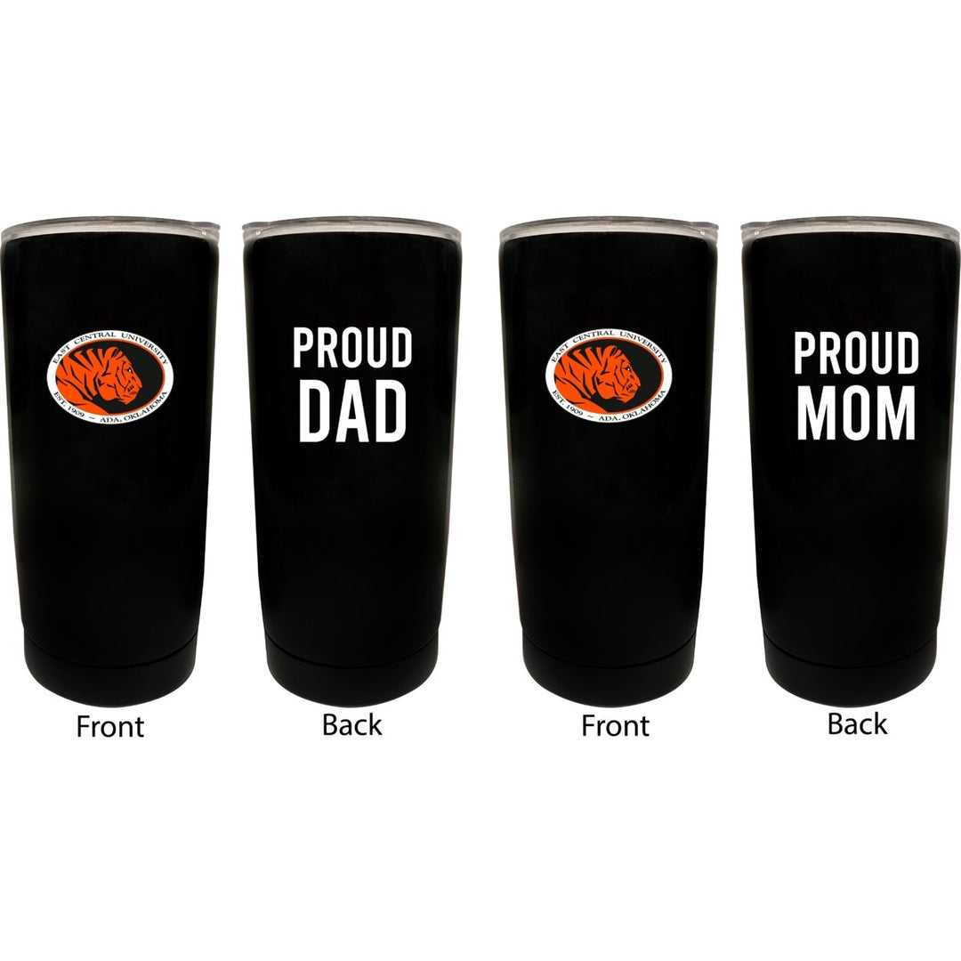East Central University Tigers Proud Mom and Dad 16 oz Insulated Stainless Steel Tumblers 2 Pack Black. Image 1