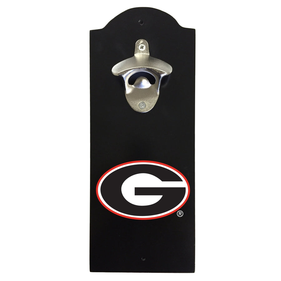 Georgia Bulldogs Wall-Mounted Bottle Opener  Sturdy Metal with Decorative Wood Base for Home Bars Rec Rooms and Fan Image 1