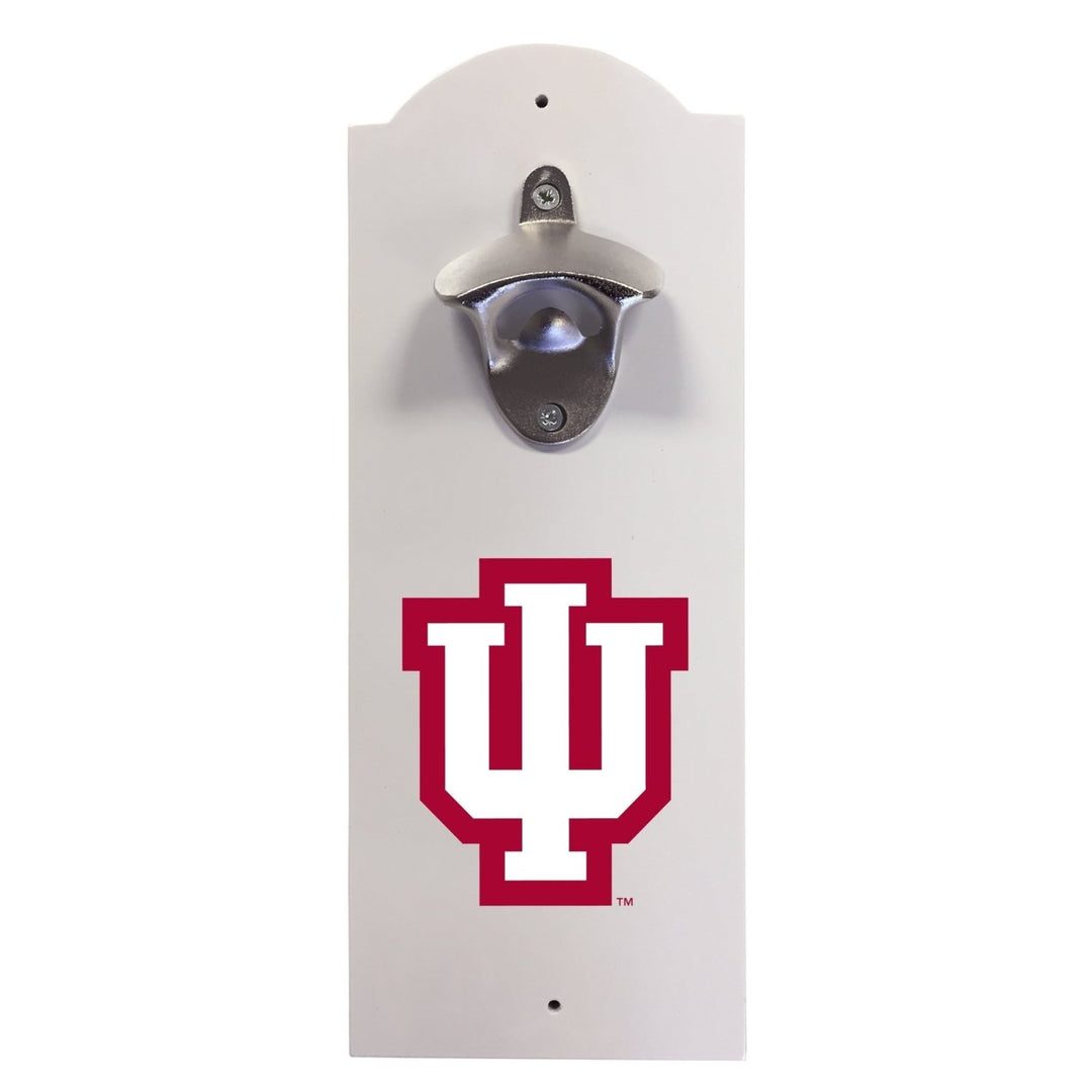 Indiana Hoosiers Wall-Mounted Bottle Opener  Sturdy Metal with Decorative Wood Base for Home Bars Rec Rooms and Fan Image 1