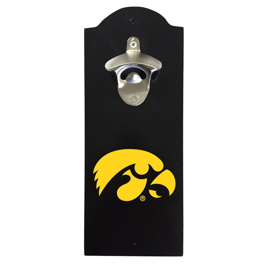 Iowa Hawkeyes Wall-Mounted Bottle Opener  Sturdy Metal with Decorative Wood Base for Home Bars Rec Rooms and Fan Caves Image 1