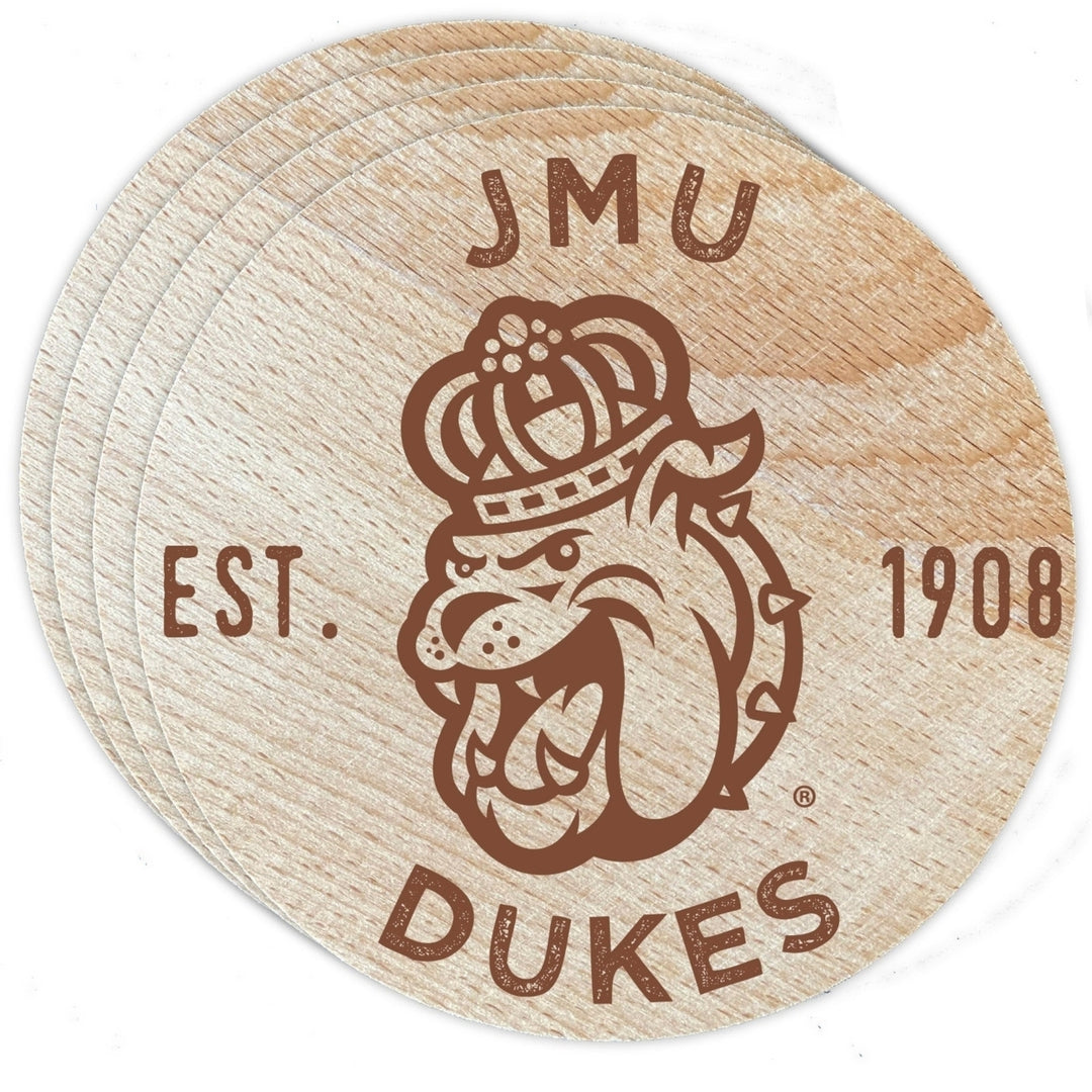 James Madison Dukes Officially Licensed Wood Coasters (4-Pack) - Laser Engraved Never Fade Design Image 1