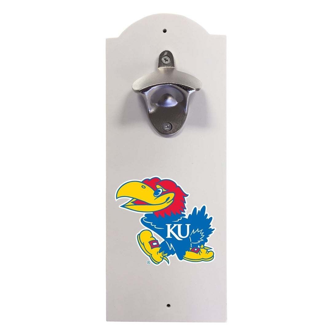 Kansas Jayhawks Wall-Mounted Bottle Opener  Sturdy Metal with Decorative Wood Base for Home Bars Rec Rooms and Fan Image 1