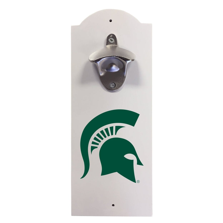 Michigan State Spartans Wall-Mounted Bottle Opener  Sturdy Metal with Decorative Wood Base for Home Bars Rec Rooms and Image 1