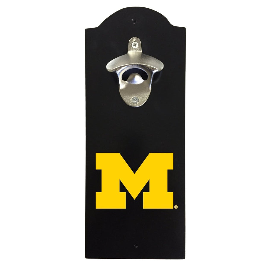 Michigan Wolverines Wall-Mounted Bottle Opener  Sturdy Metal with Decorative Wood Base for Home Bars Rec Rooms and Fan Image 1