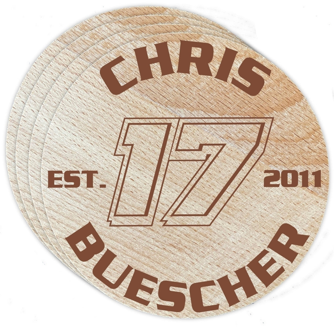 Nascar 17 Chris Buescher Wood Coaster Engraved 4-Pack Image 1