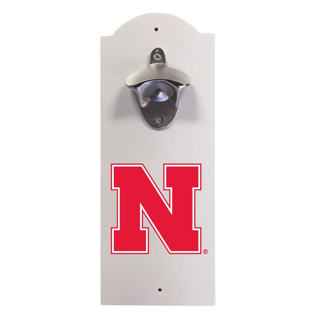 Nebraska Cornhuskers Wall-Mounted Bottle Opener  Sturdy Metal with Decorative Wood Base for Home Bars Rec Rooms and Fan Image 1