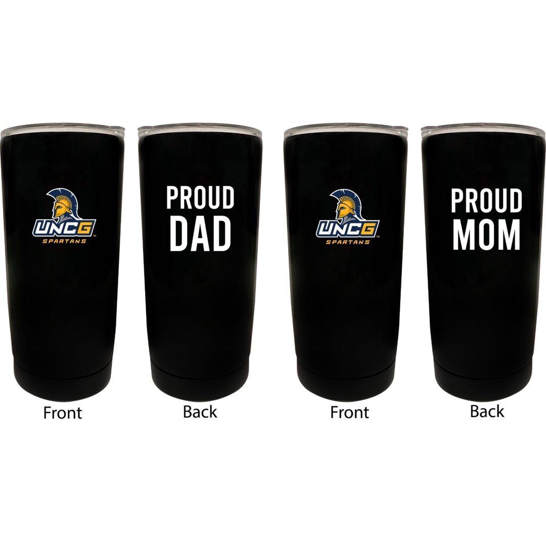 North Carolina Greensboro Spartans Proud Mom and Dad 16 oz Insulated Stainless Steel Tumblers 2 Pack Black. Image 1