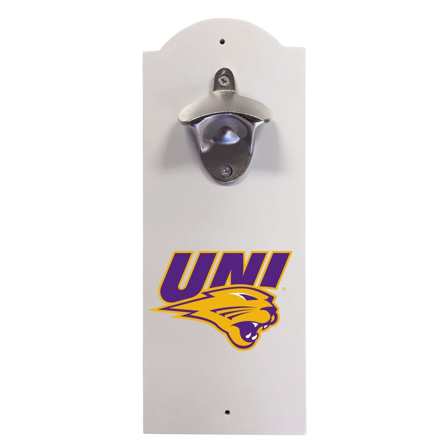 Northern Iowa Panthers Wall-Mounted Bottle Opener  Sturdy Metal with Decorative Wood Base for Home Bars Rec Rooms and Image 1