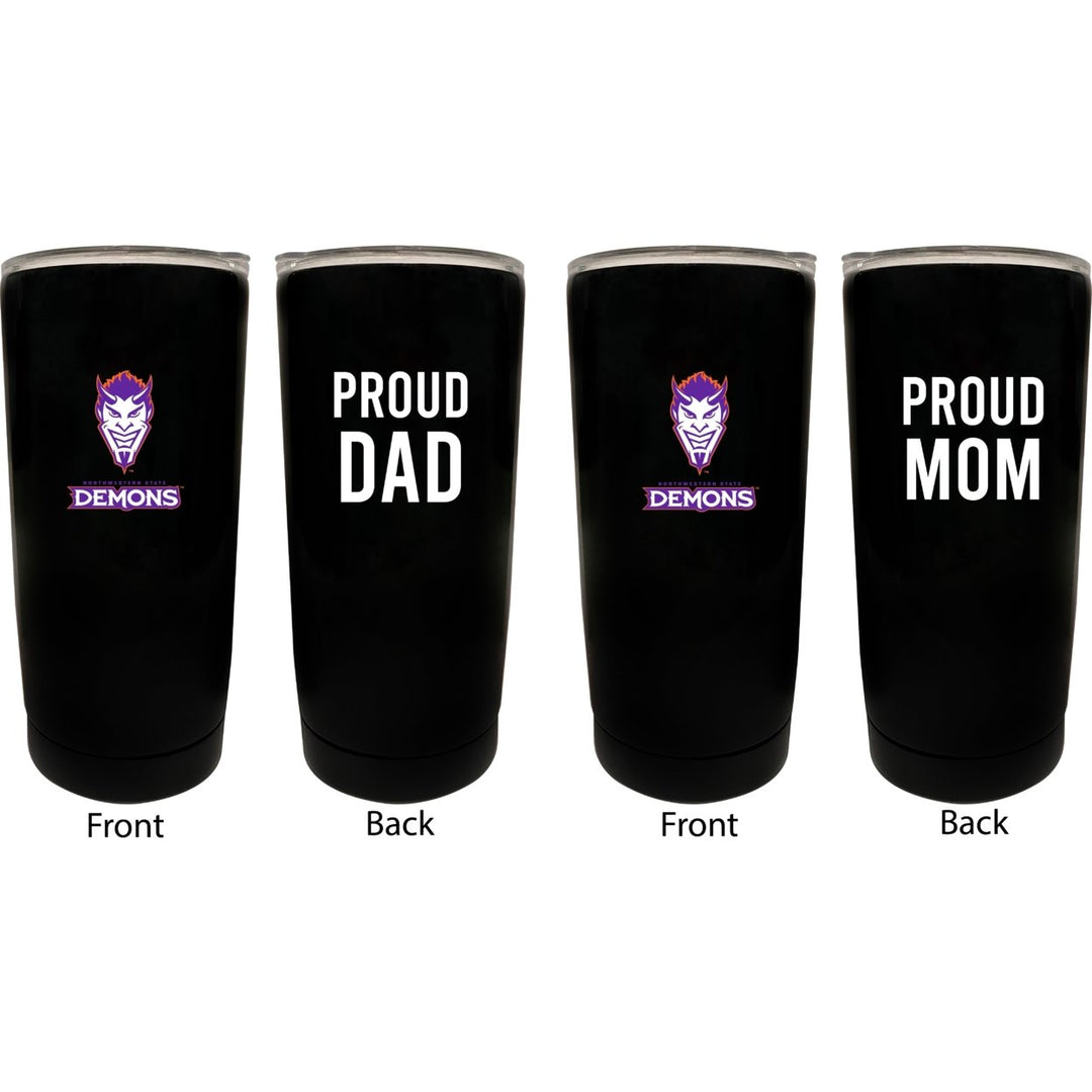 Northwestern State Demons Proud Mom and Dad 16 oz Insulated Stainless Steel Tumblers 2 Pack Black. Image 1