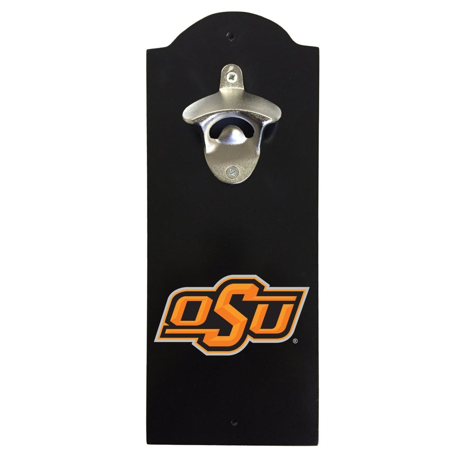 Oklahoma State Cowboys Wall-Mounted Bottle Opener  Sturdy Metal with Decorative Wood Base for Home Bars Rec Rooms and Image 1