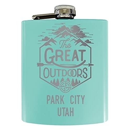 Park City Utah Laser Engraved Explore the Outdoors Souvenir 7 oz Stainless Steel 7 oz Flask Seafoam Image 1