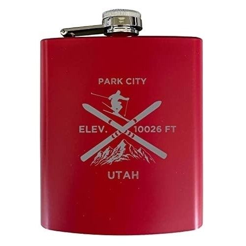 Park City Utah Ski Snowboard Winter Adventures Stainless Steel 7 oz Flask Red Image 1