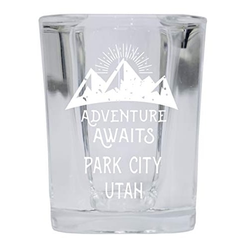 Park City Utah Souvenir Laser Engraved 2 Ounce Square Base Liquor Shot Glass 4-Pack Adventure Awaits Design Image 1