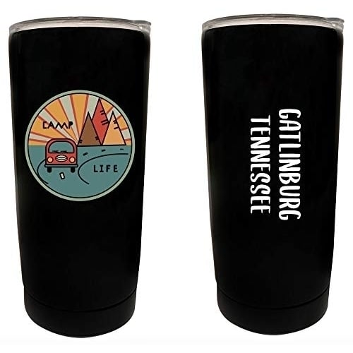 R and R Imports Gatlinburg Tennessee Souvenir 16 oz Stainless Steel Insulated Tumbler Camp Life Design Black. Image 1